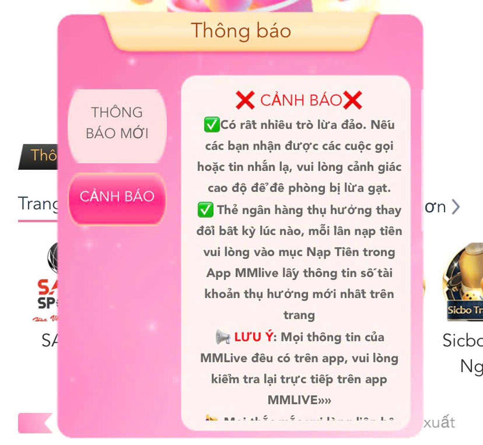 MMLive luôn phát thông bảo cảnh báo lừa đảo cho người dùng của mình trên ứng dụng